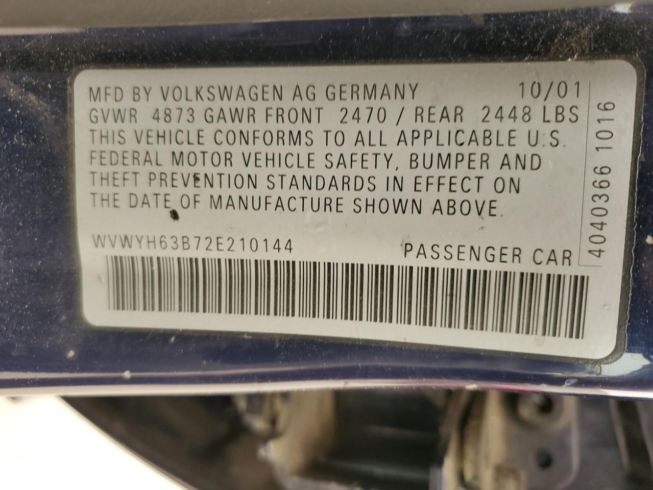 2002 Volkswagen Passat Glx 4Motion VIN: WVWYH63B72E210144 Lot: 54756875
