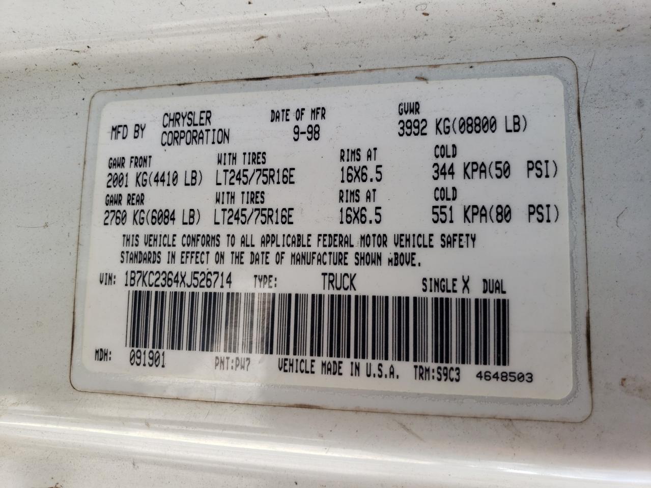1999 Dodge Ram 2500 VIN: 1B7KC2364XJ526714 Lot: 55989713
