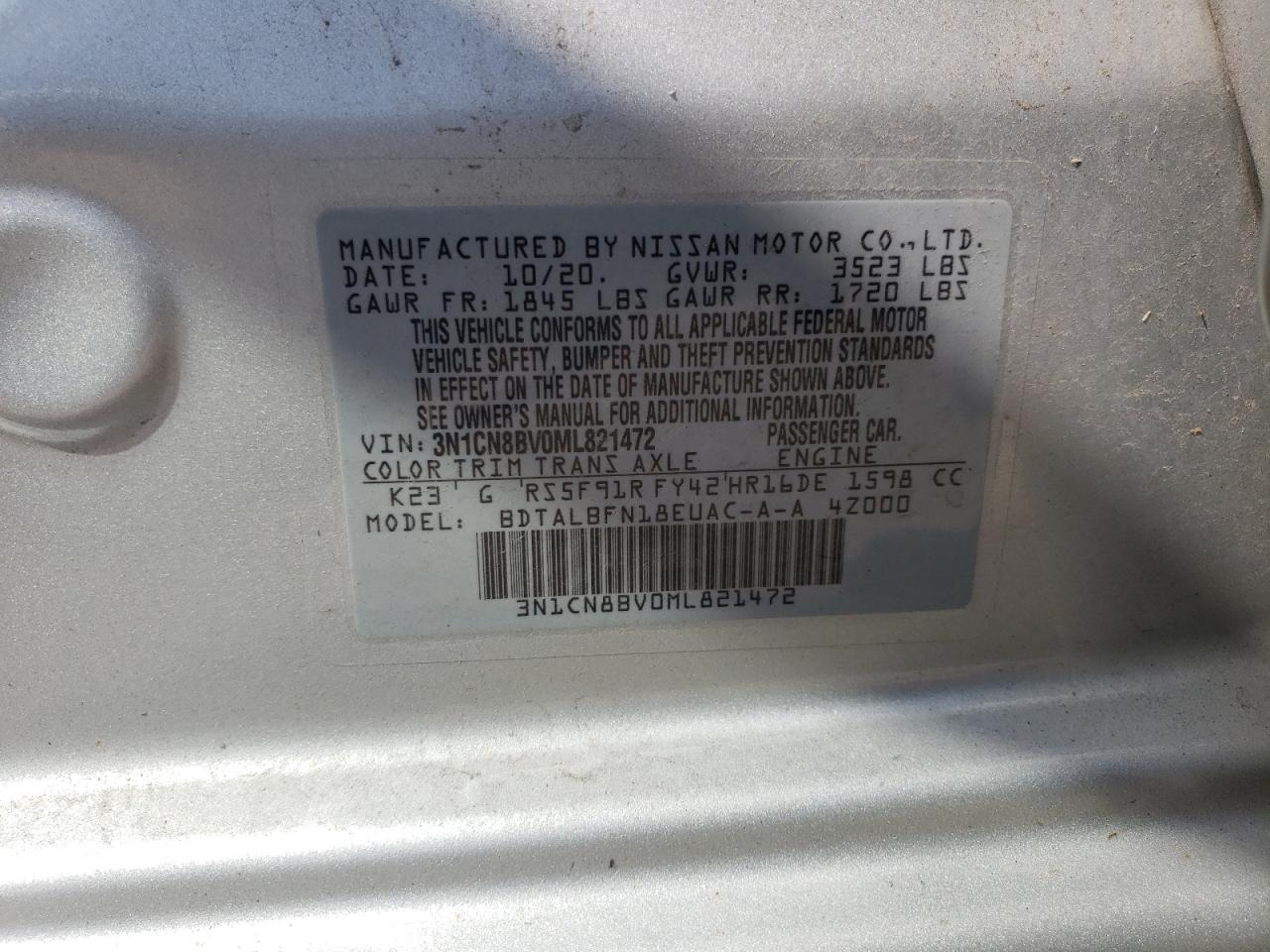 3N1CN8BV0ML821472 2021 Nissan Versa S