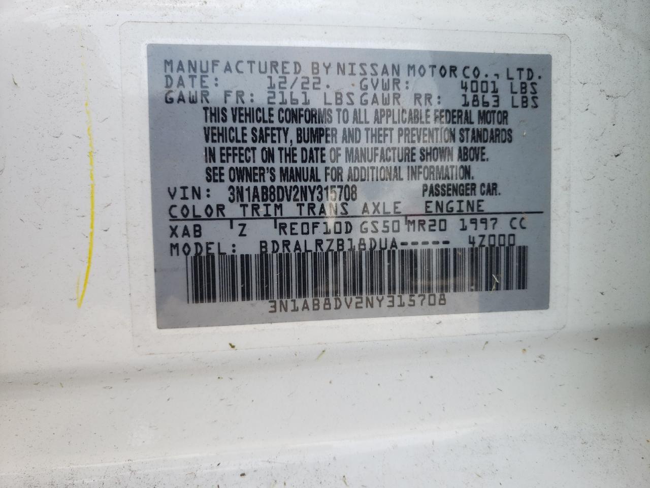 2022 Nissan Sentra Sr VIN: 3N1AB8DV2NY315708 Lot: 54453463