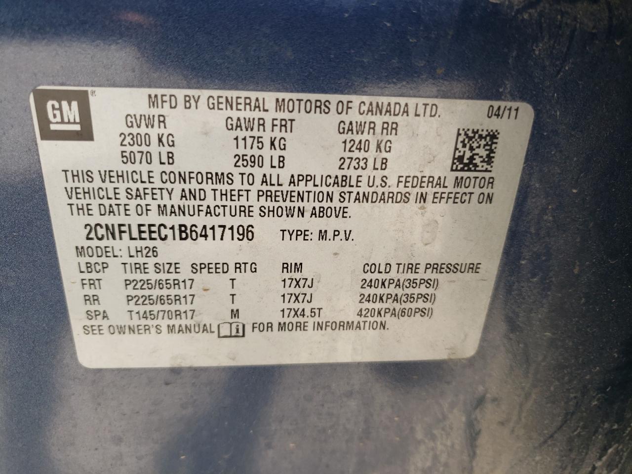 2CNFLEEC1B6417196 2011 Chevrolet Equinox Lt