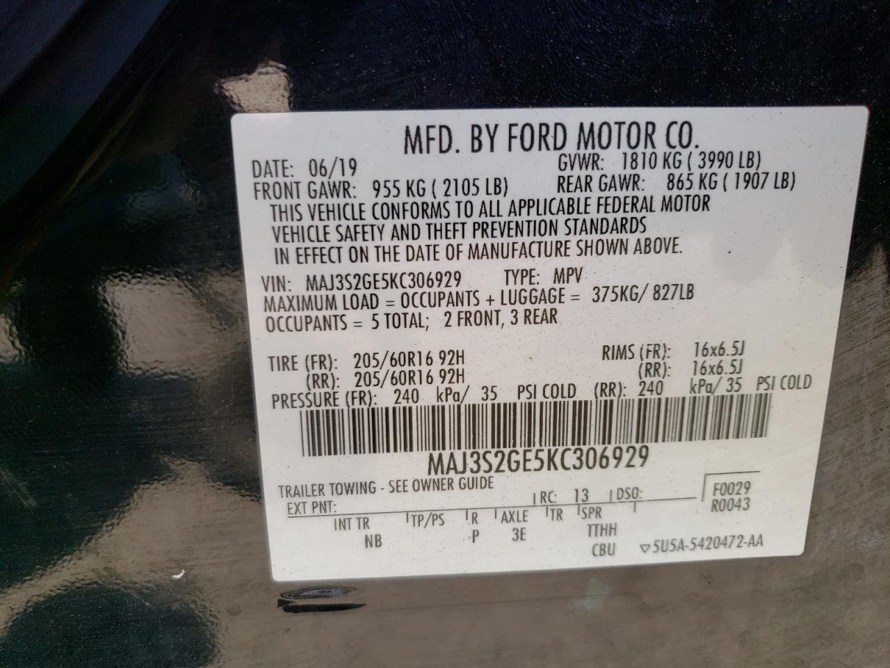 2019 Ford Ecosport Se VIN: MAJ3S2GE5KC306929 Lot: 61396854