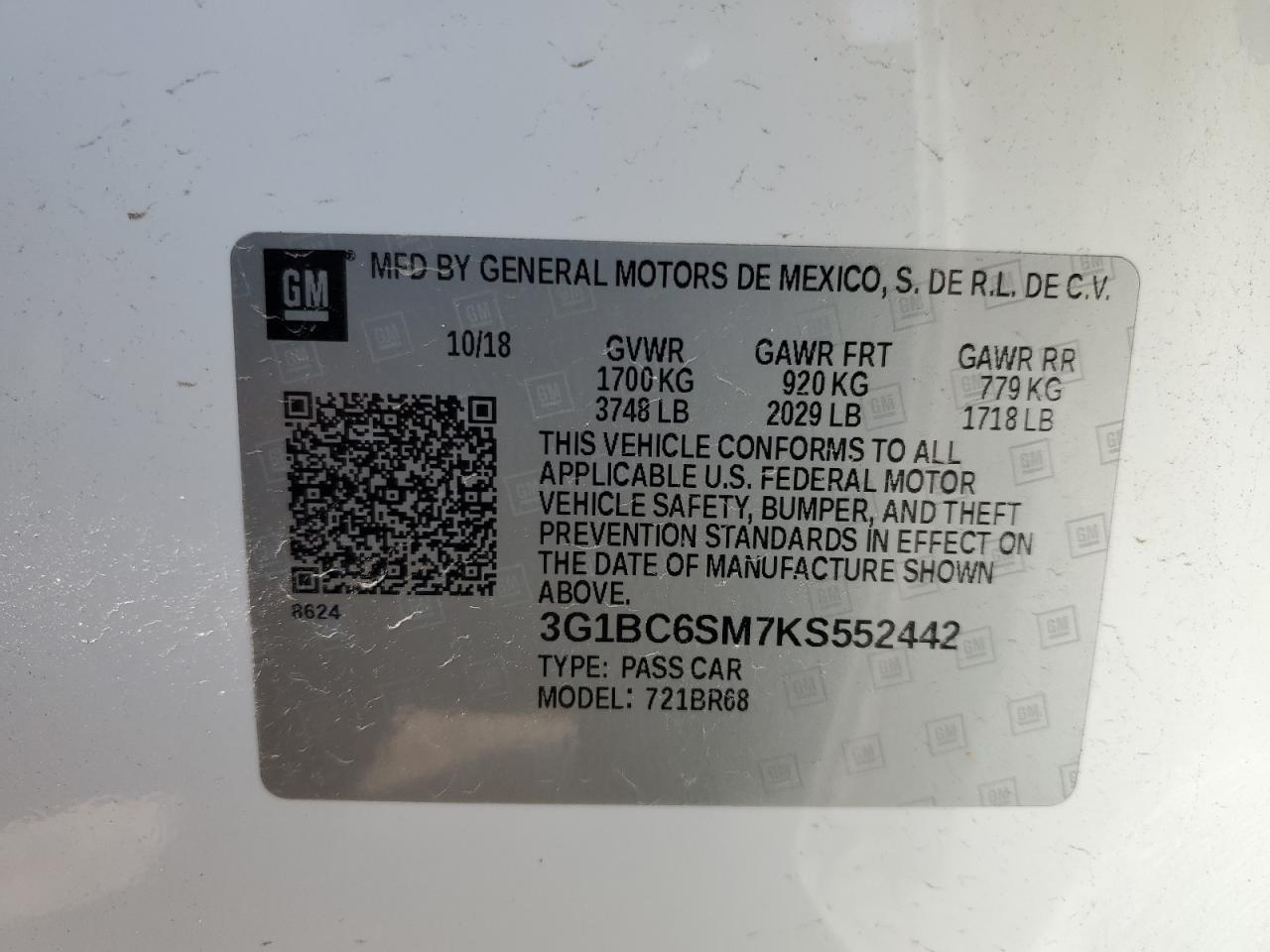 3G1BC6SM7KS552442 2019 Chevrolet Cruze Ls