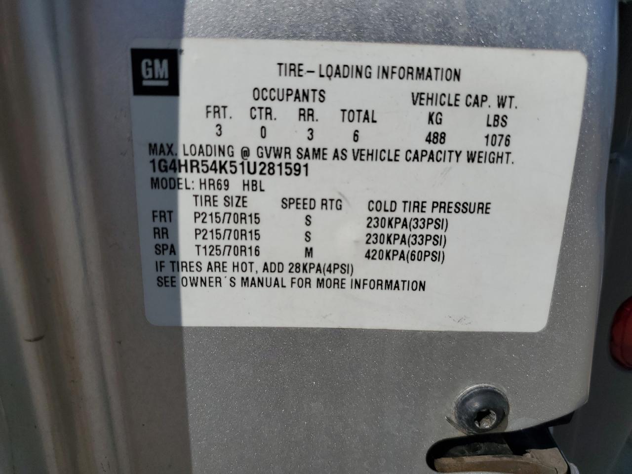 2001 Buick Lesabre Limited VIN: 1G4HR54K51U281591 Lot: 56270863