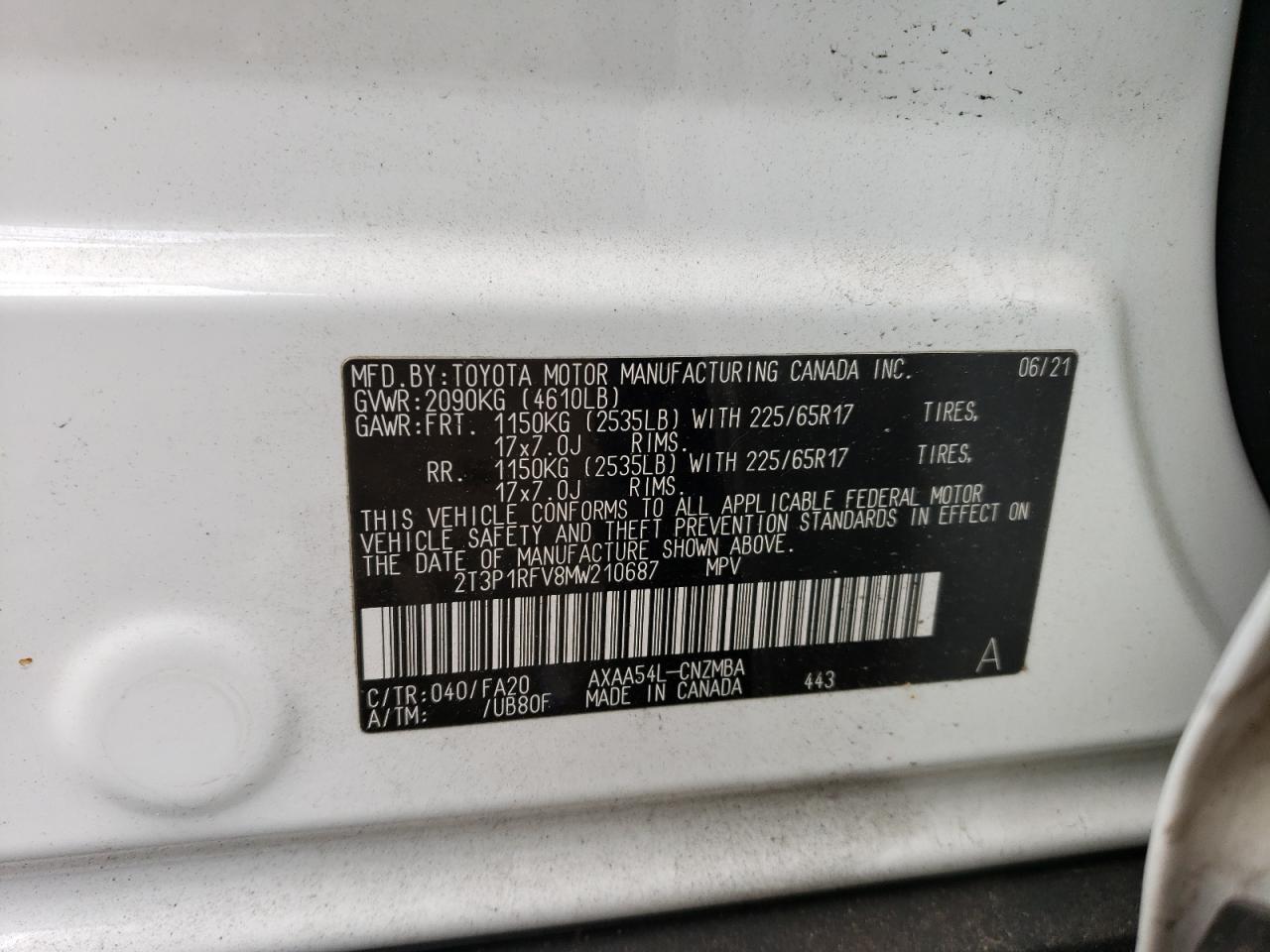 2T3P1RFV8MW210687 2021 Toyota Rav4 Xle