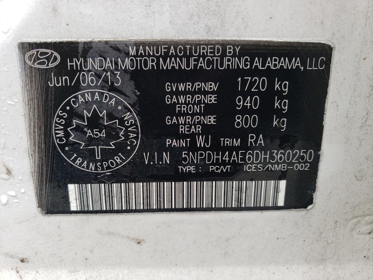 2013 Hyundai Elantra Gls VIN: 5NPDH4AE6DH360250 Lot: 55454753