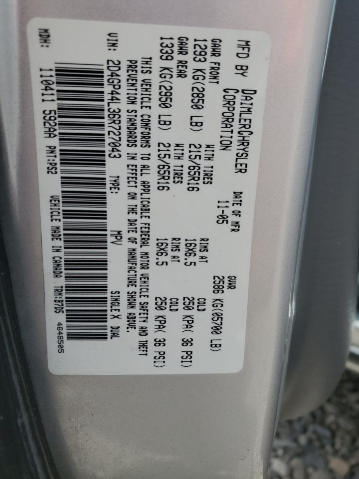 2006 Dodge Grand Caravan Sxt VIN: 2D4GP44L36R727043 Lot: 80801135