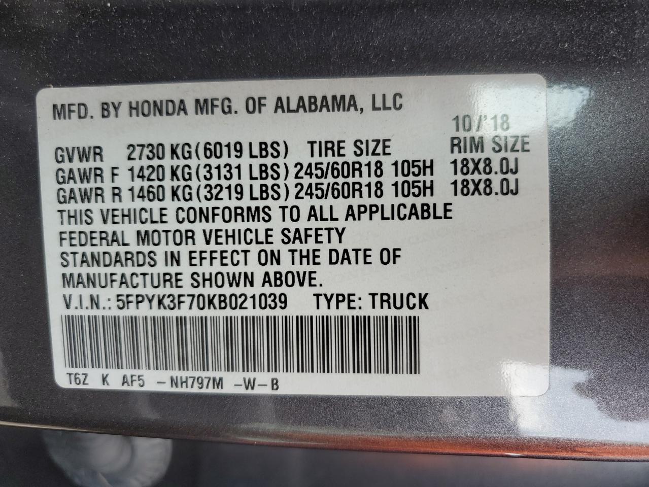 5FPYK3F70KB021039 2019 Honda Ridgeline Rtl