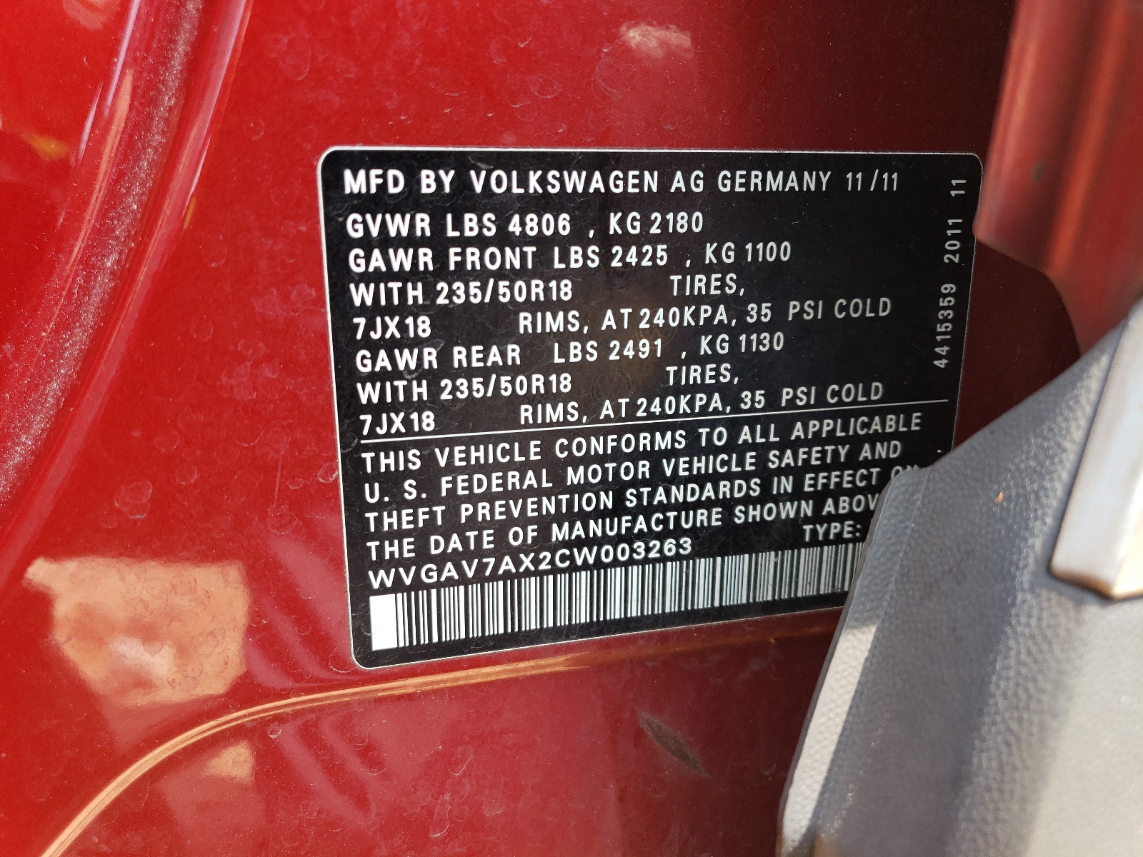 WVGAV7AX2CW003263 2012 Volkswagen Tiguan S