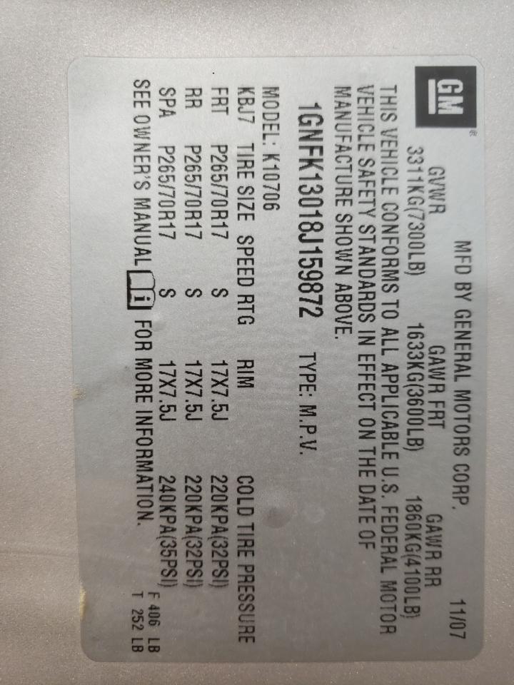 2008 Chevrolet Tahoe K1500 VIN: 1GNFK13018J159872 Lot: 61391014