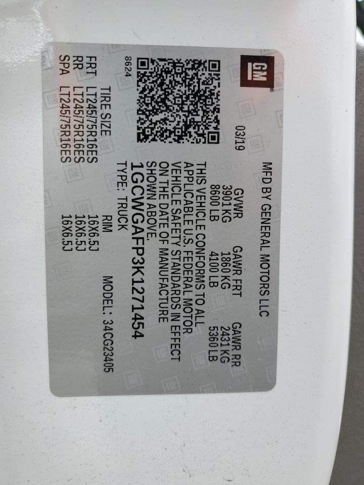 2019 Chevrolet Express G2500 VIN: 1GCWGAFP3K1271454 Lot: 61393404