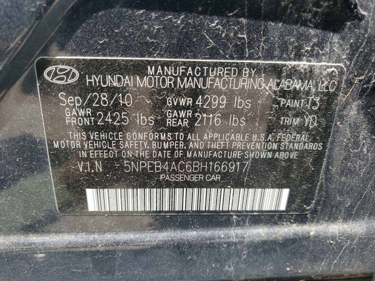 5NPEB4AC6BH166917 2011 Hyundai Sonata Gls