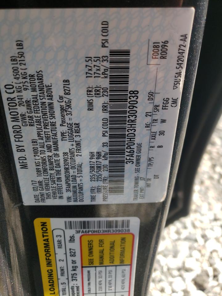 2017 Ford Fusion Se VIN: 3FA6P0HD3HR309038 Lot: 53278973