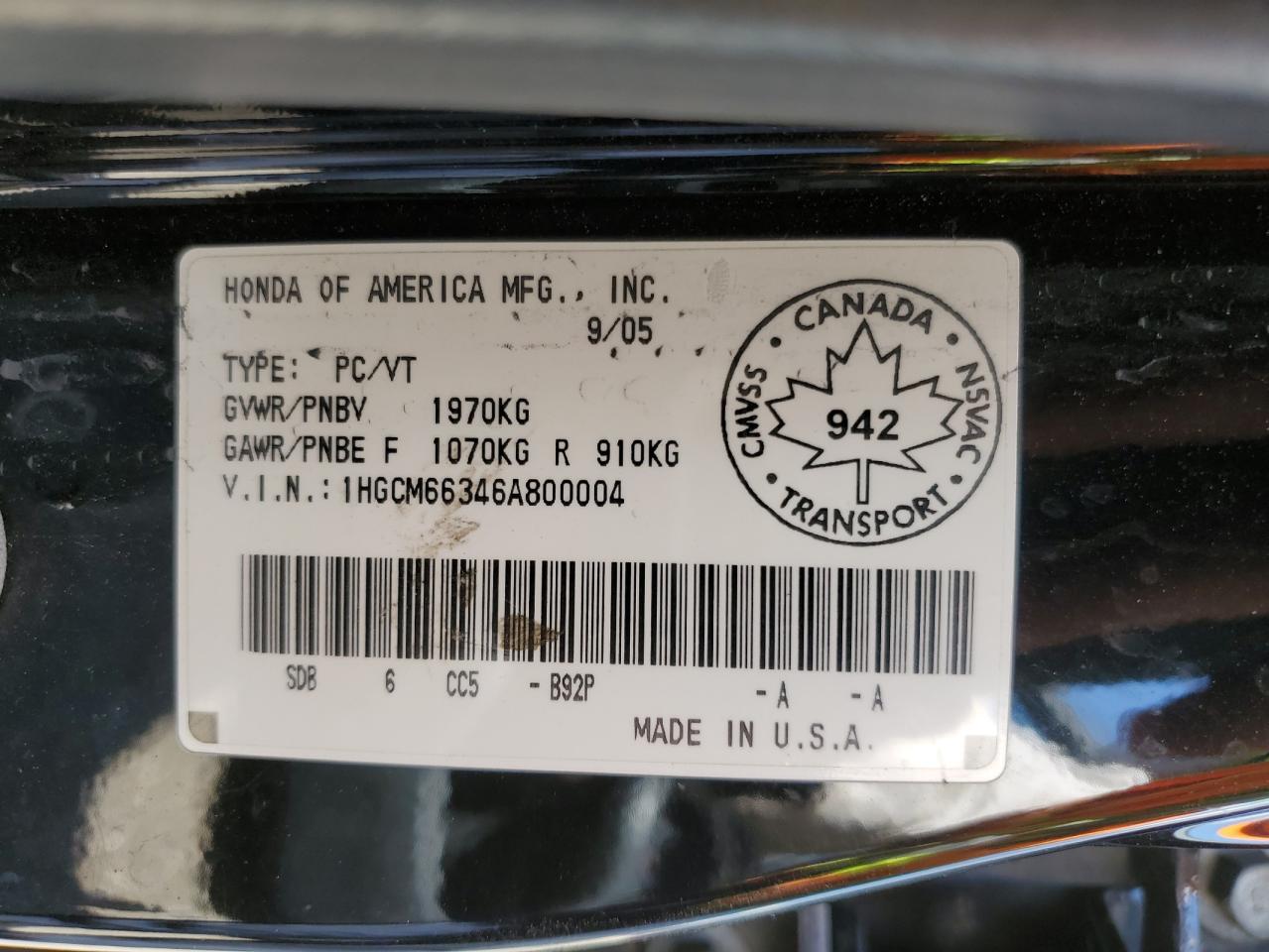 2006 Honda Accord Lx VIN: 1HGCM66346A800004 Lot: 57400223