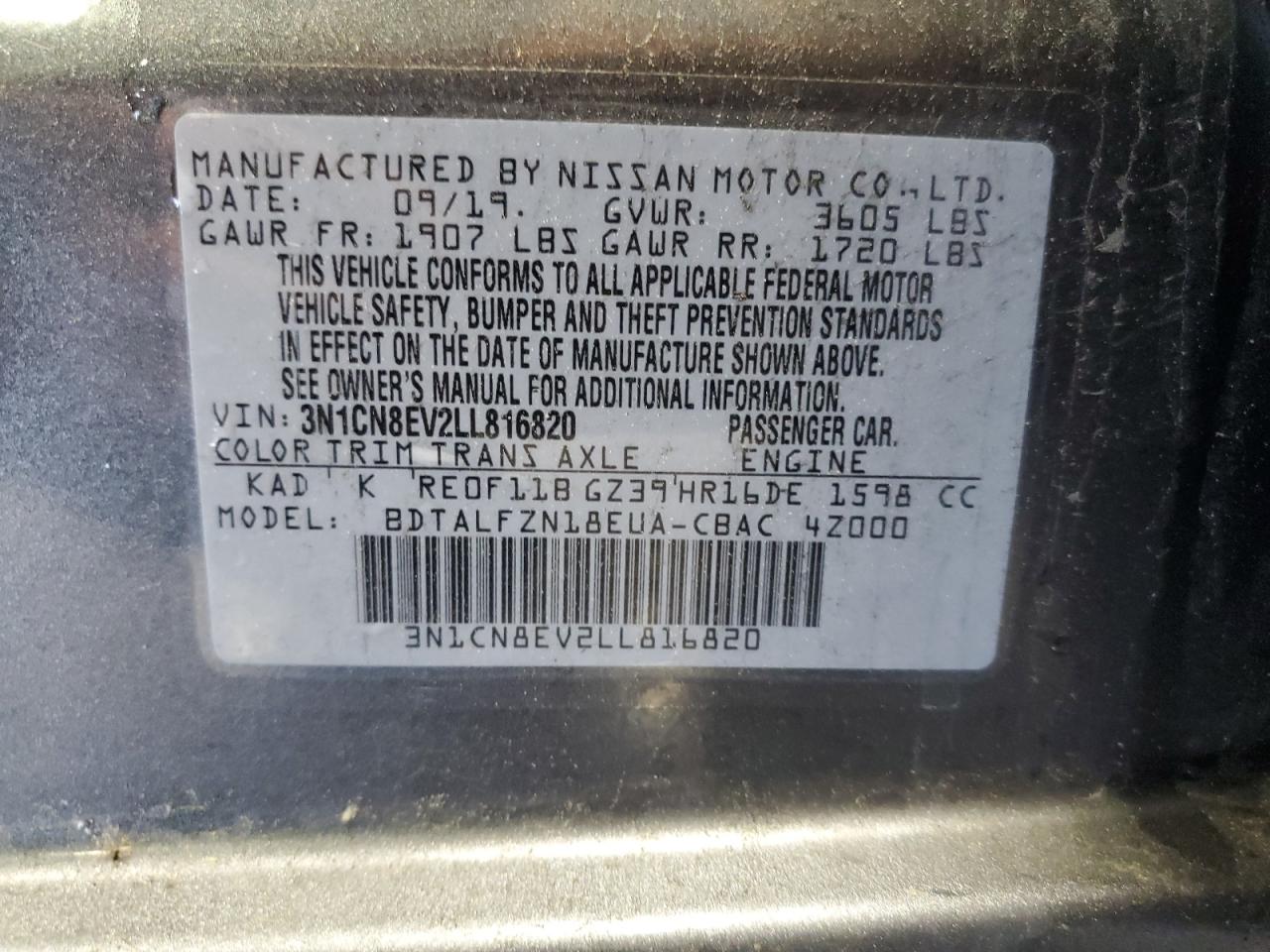 3N1CN8EV2LL816820 2020 Nissan Versa Sv