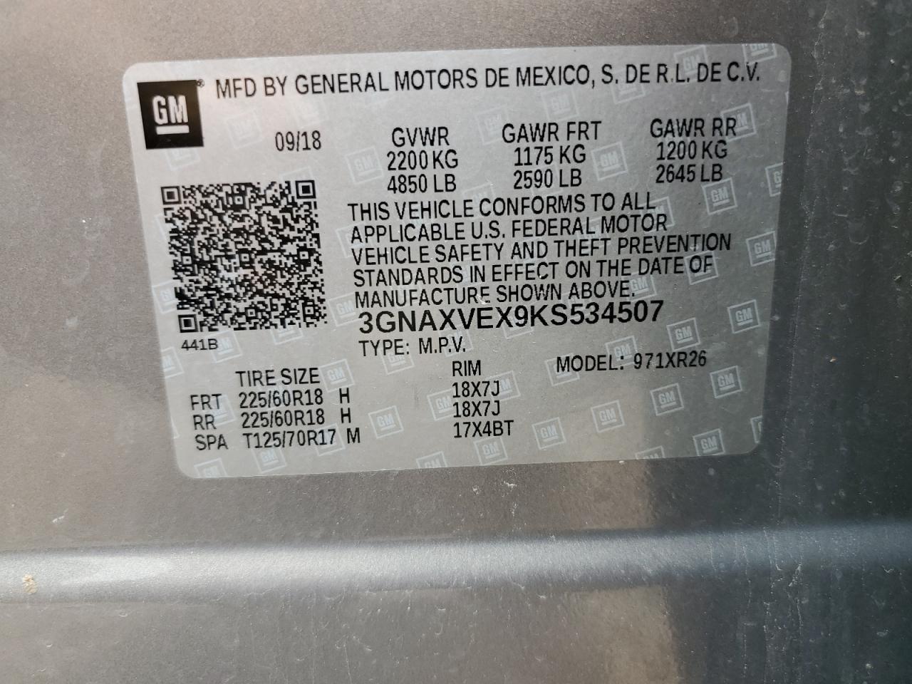 3GNAXVEX9KS534507 2019 Chevrolet Equinox Lt