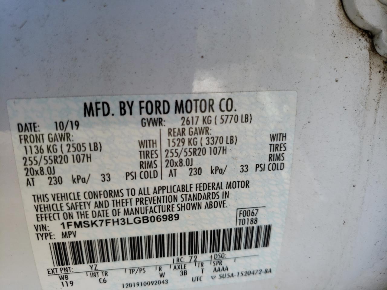 2020 Ford Explorer Limited VIN: 1FMSK7FH3LGB06989 Lot: 57707583