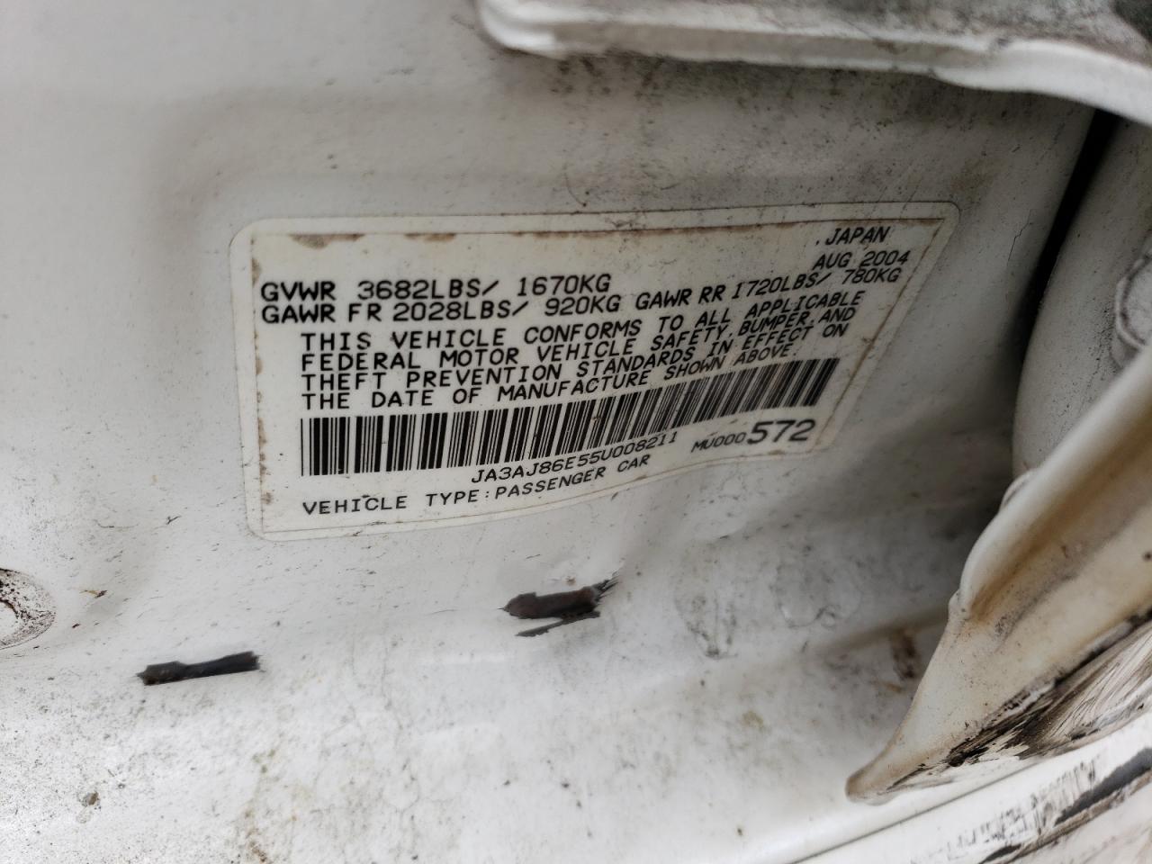 2005 Mitsubishi Lancer Oz Rally VIN: JA3AJ86E55U008211 Lot: 56791523