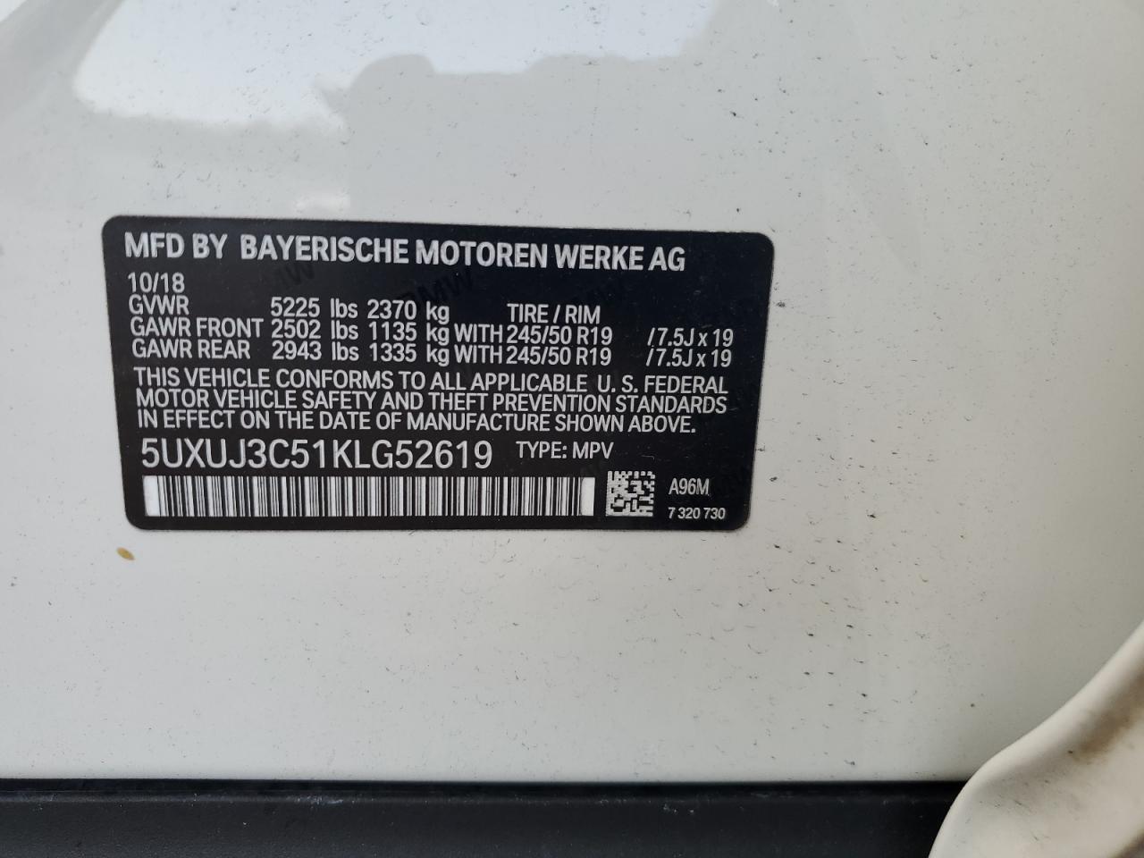 2019 BMW X4 xDrive30I VIN: 5UXUJ3C51KLG52619 Lot: 54556853