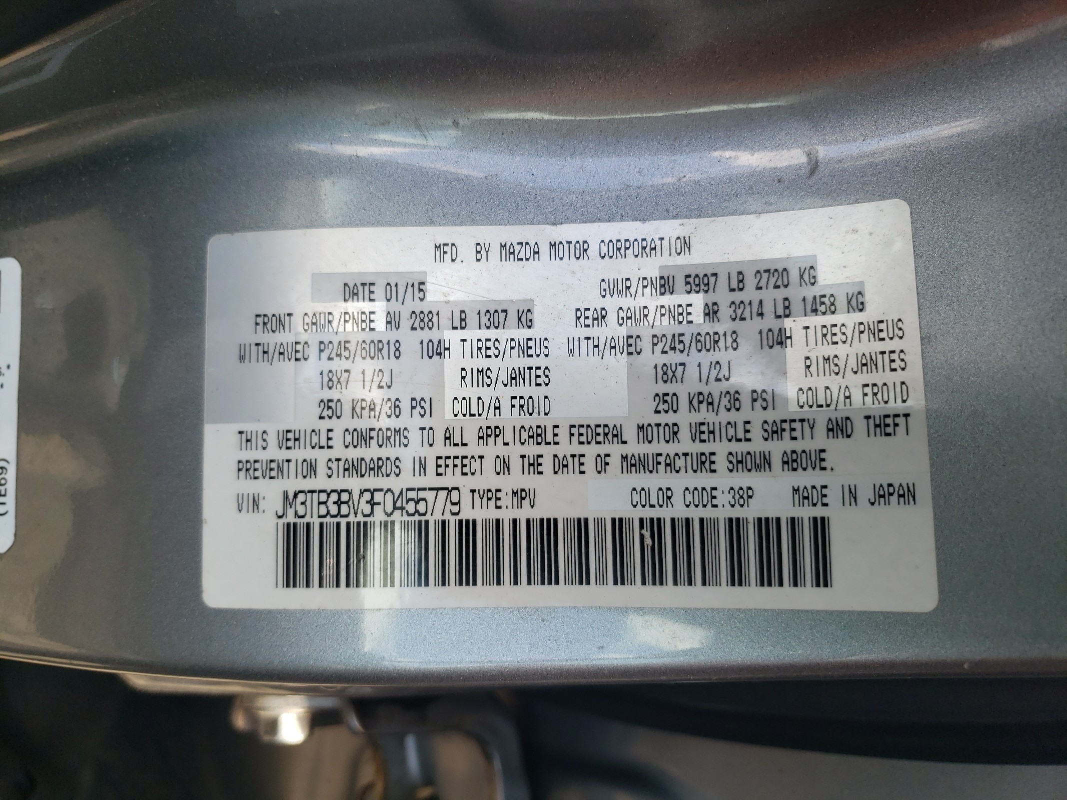 JM3TB3BV3F0455779 2015 Mazda Cx-9 Sport