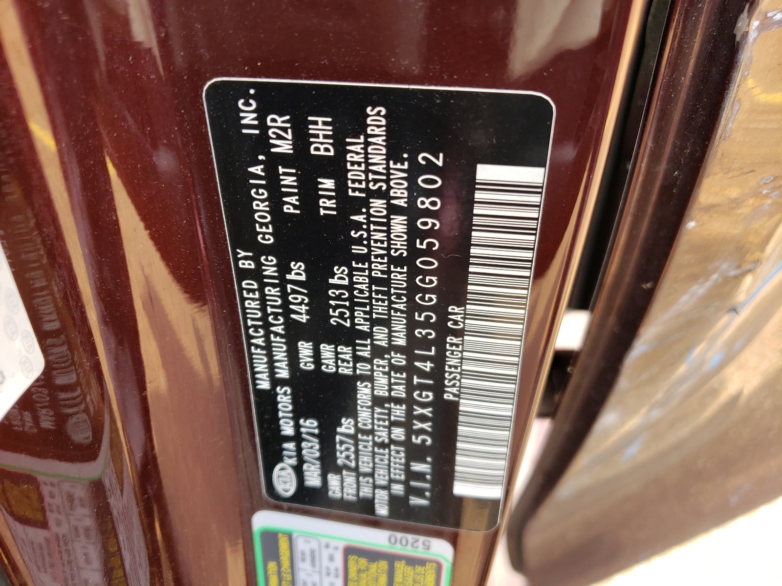 5XXGT4L35GG059802 2016 Kia Optima Lx