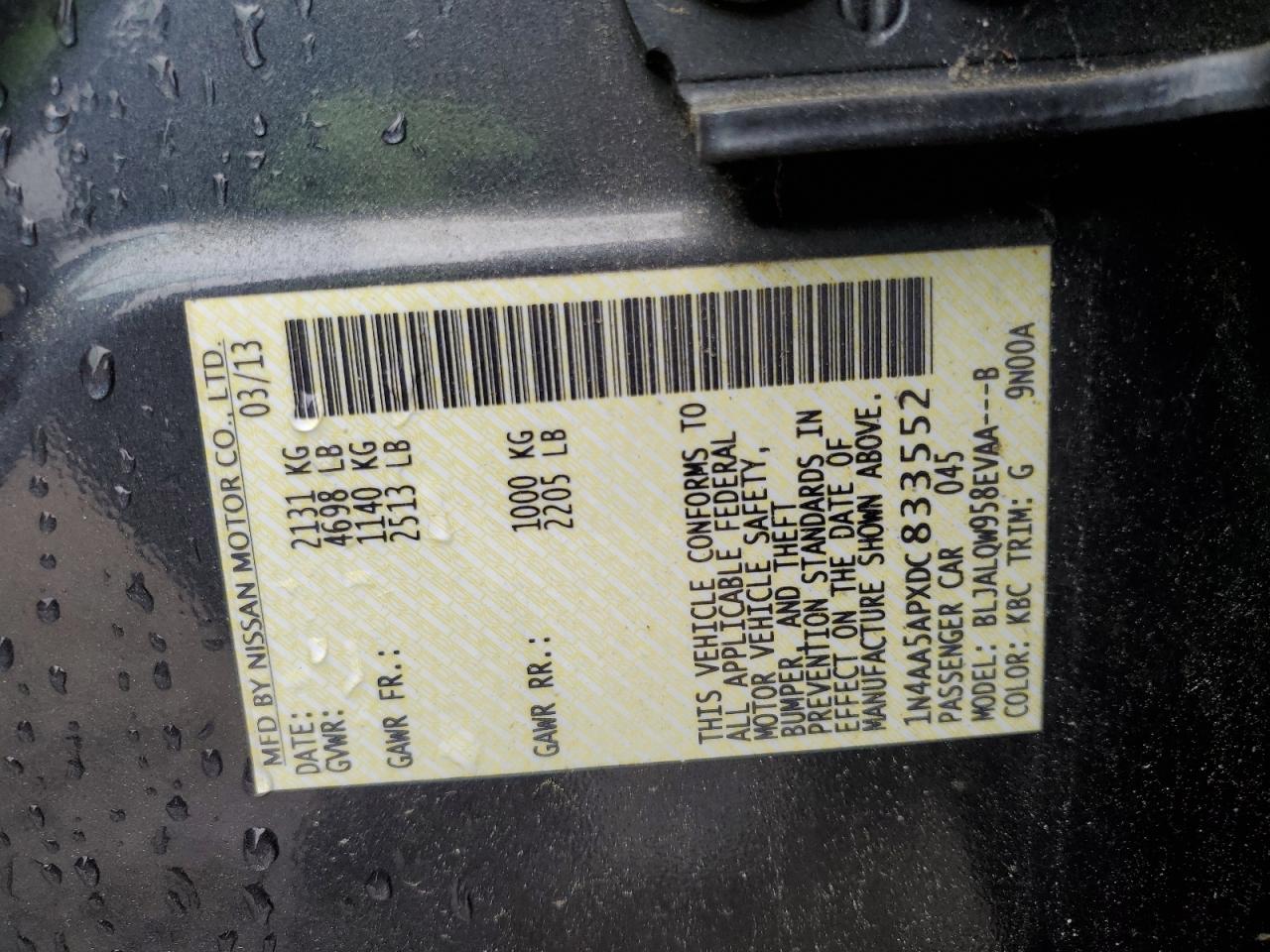 2013 Nissan Maxima S VIN: 1N4AA5APXDC833552 Lot: 50176334