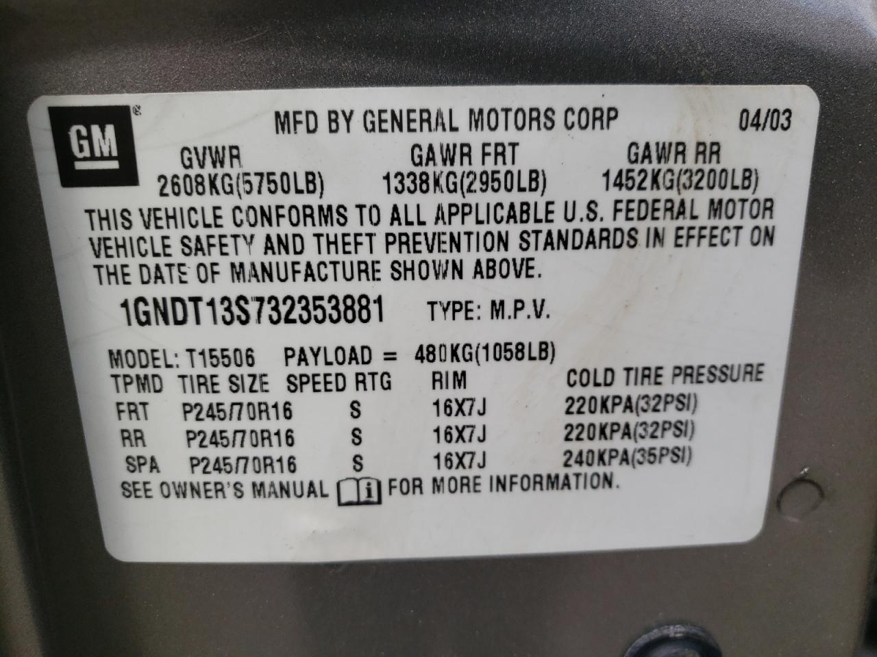 2003 Chevrolet Trailblazer VIN: 1GNDT13S732353881 Lot: 57327443