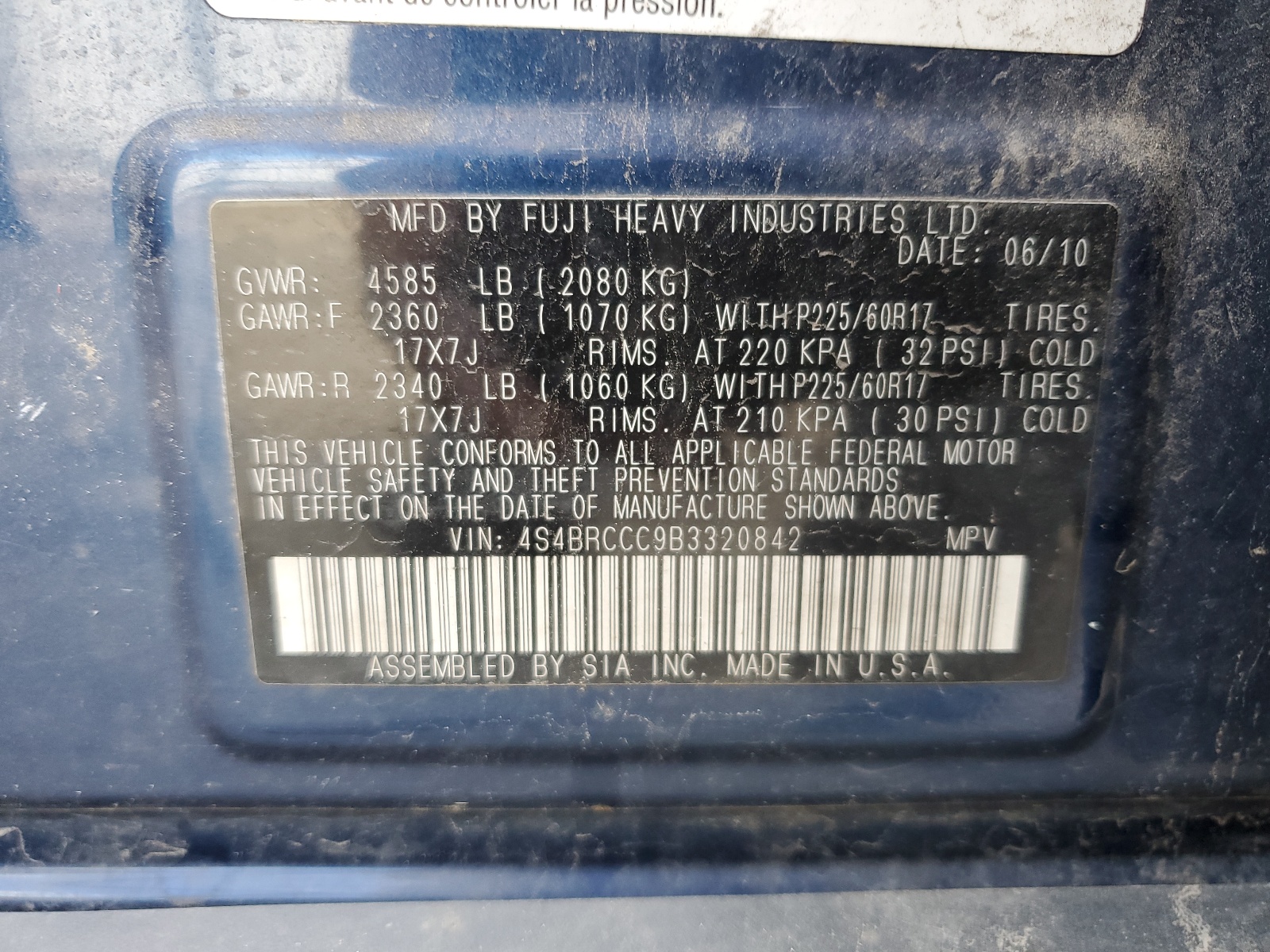 4S4BRCCC9B3320842 2011 Subaru Outback 2.5I Premium