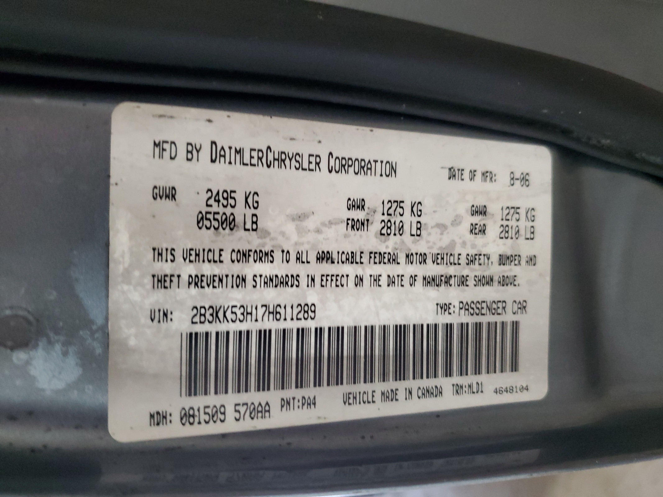 2B3KK53H17H611289 2007 Dodge Charger R/T