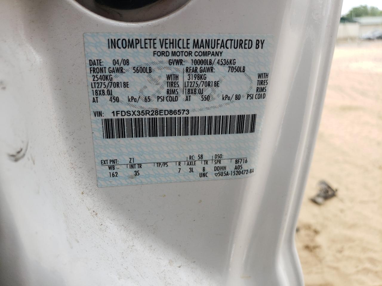 2008 Ford F350 Srw Super Duty VIN: 1FDSX35R28ED86573 Lot: 61122984