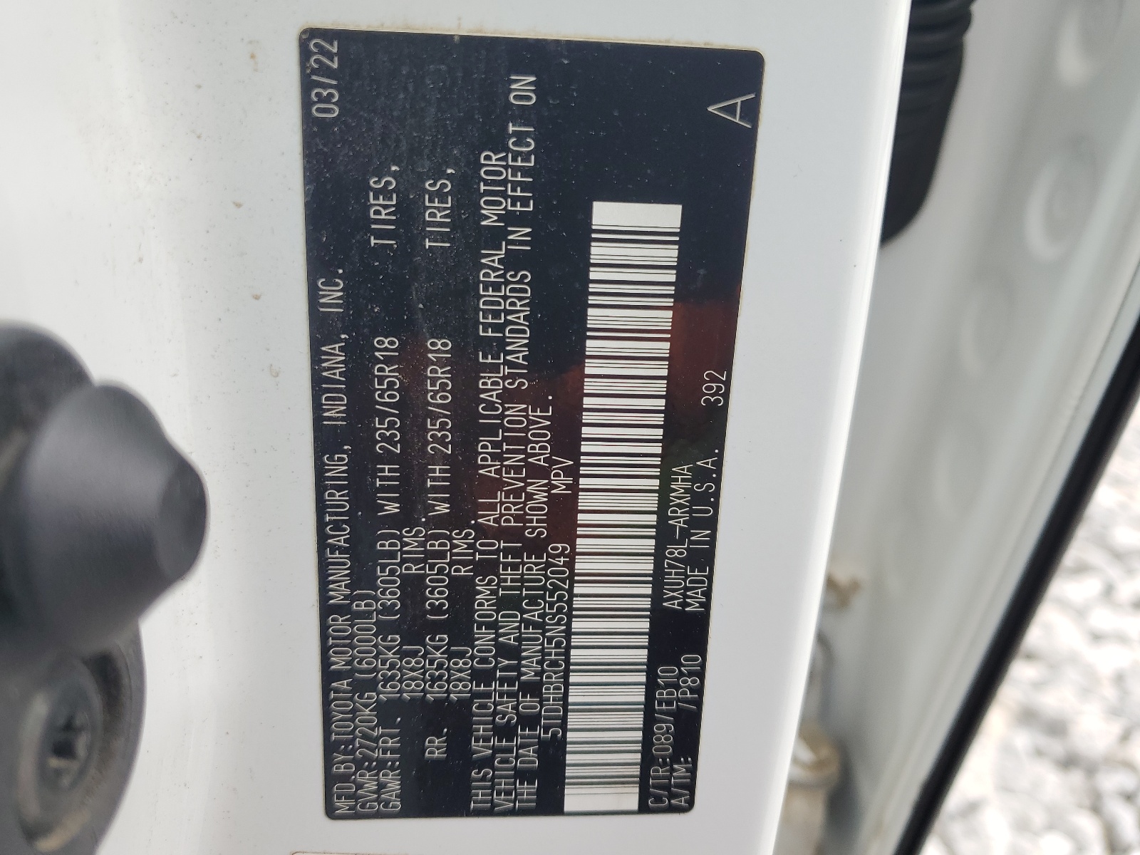 5TDHBRCH5NS552049 2022 Toyota Highlander Hybrid Xle