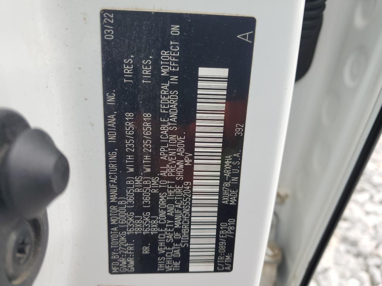 2022 Toyota Highlander Hybrid Xle VIN: 5TDHBRCH5NS552049 Lot: 58479334