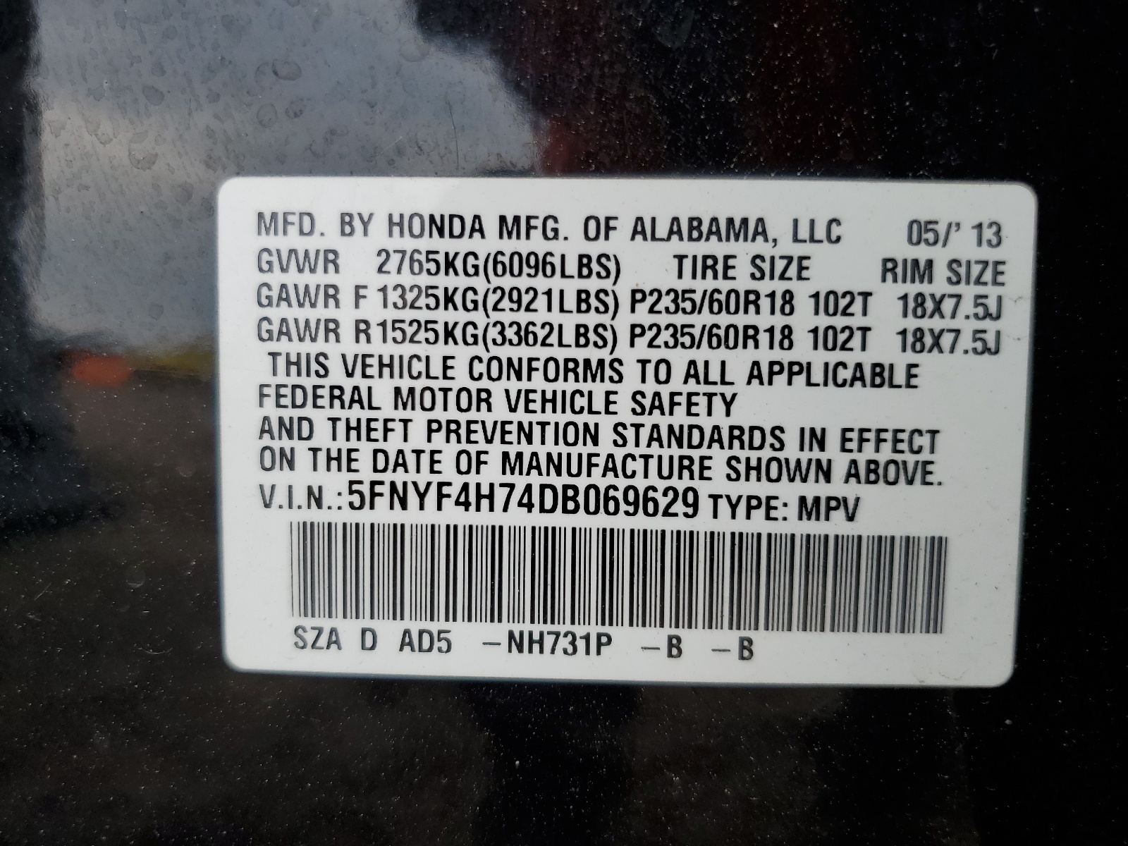 5FNYF4H74DB069629 2013 Honda Pilot Exln