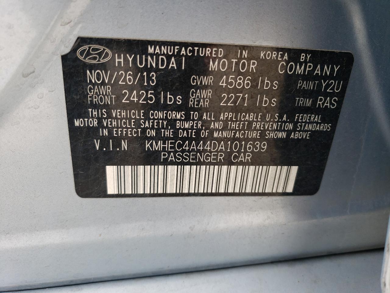 2013 Hyundai Sonata Hybrid VIN: KMHEC4A44DA101639 Lot: 59896024
