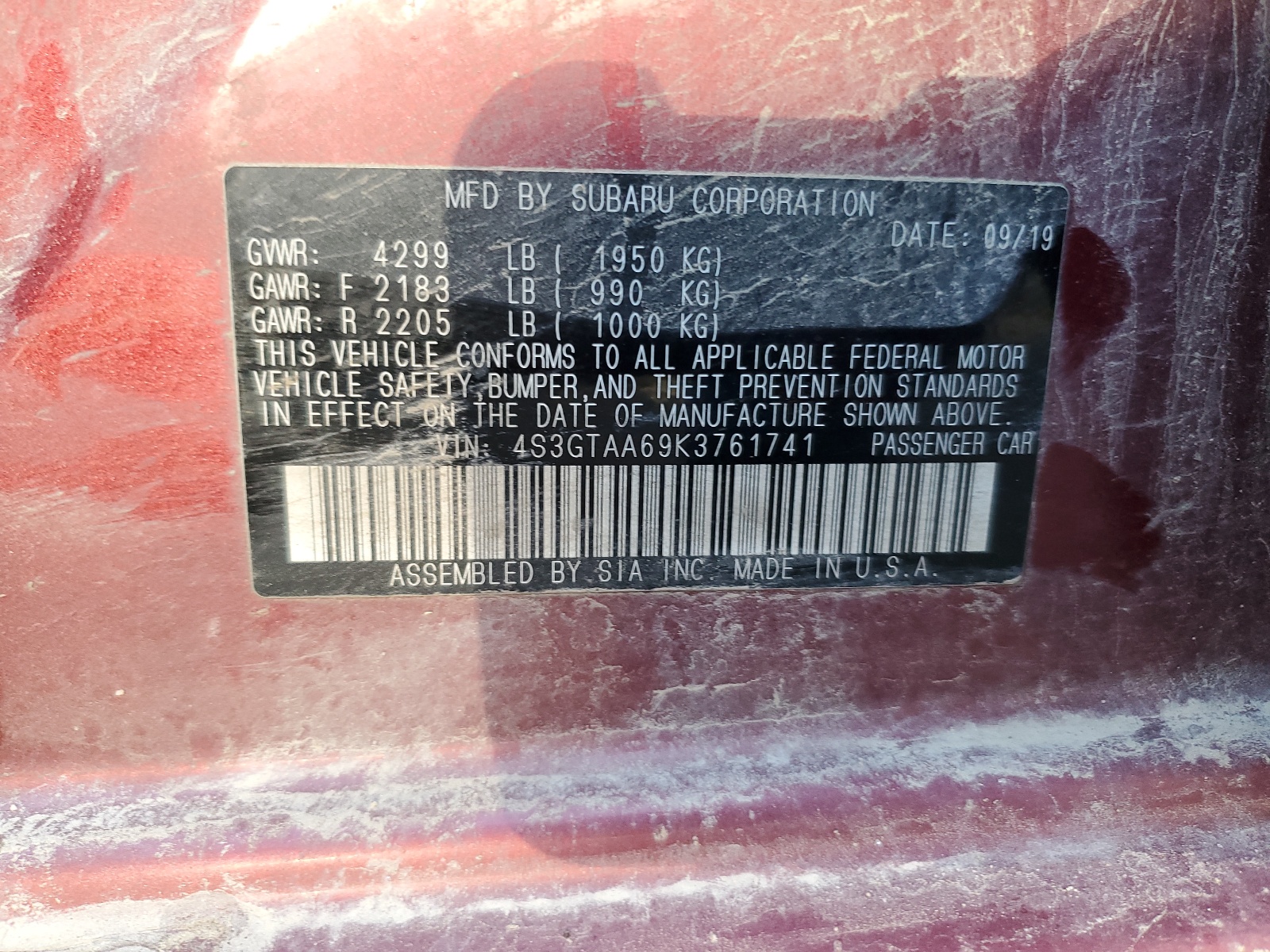 4S3GTAA69K3761741 2019 Subaru Impreza