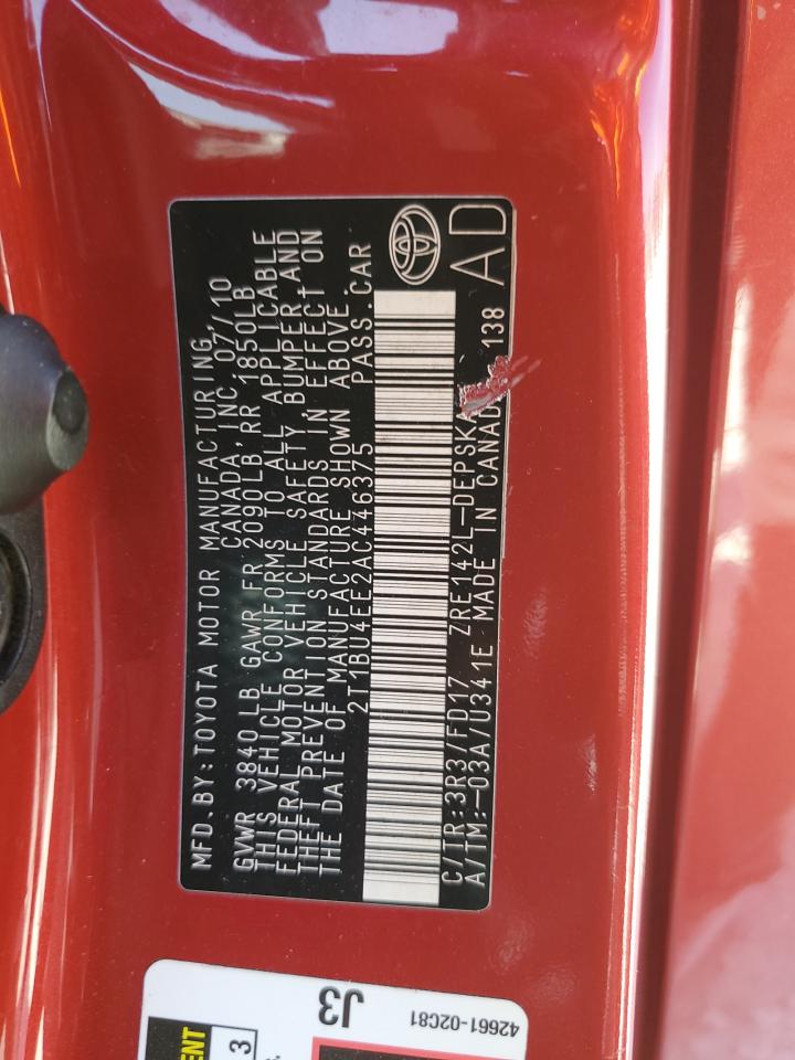 2010 Toyota Corolla Base VIN: 2T1BU4EE2AC446375 Lot: 57955044