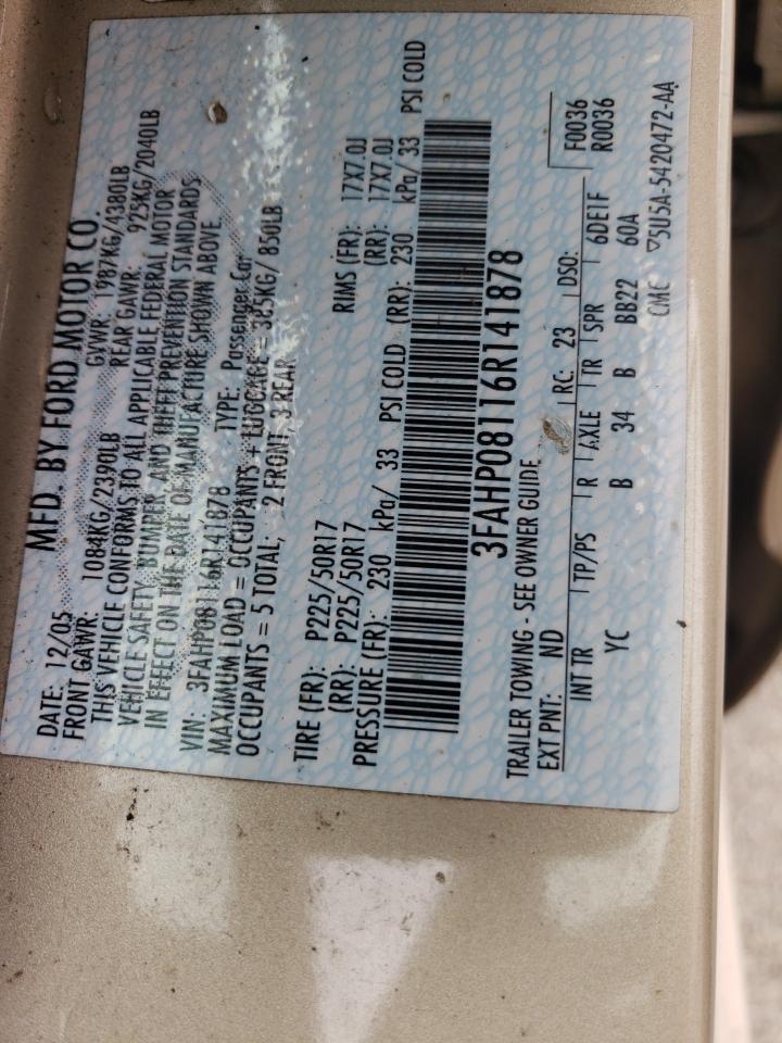 2006 Ford Fusion Sel VIN: 3FAHP08116R141878 Lot: 58991814