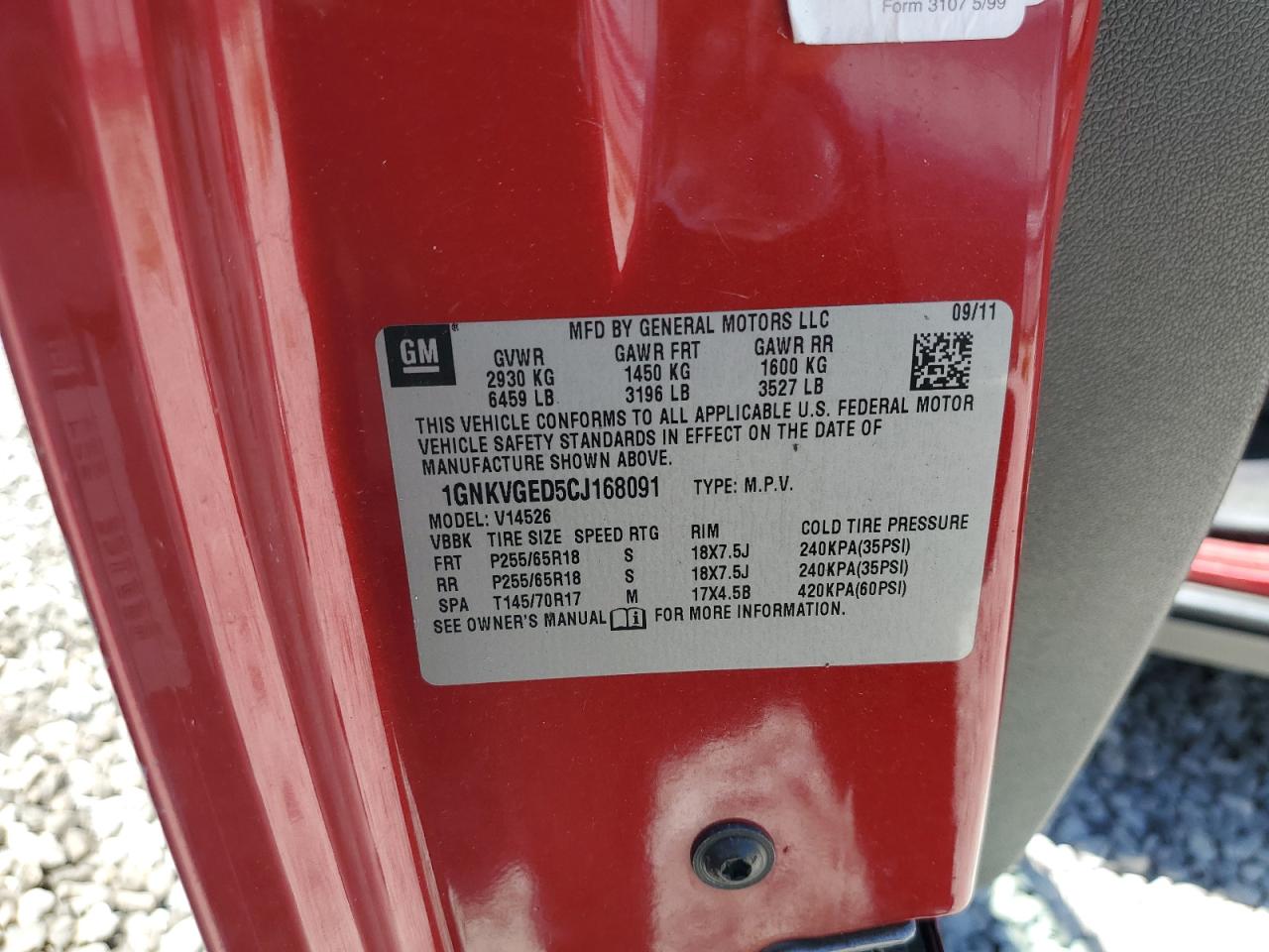 2012 Chevrolet Traverse Lt VIN: 1GNKVGED5CJ168091 Lot: 58491414