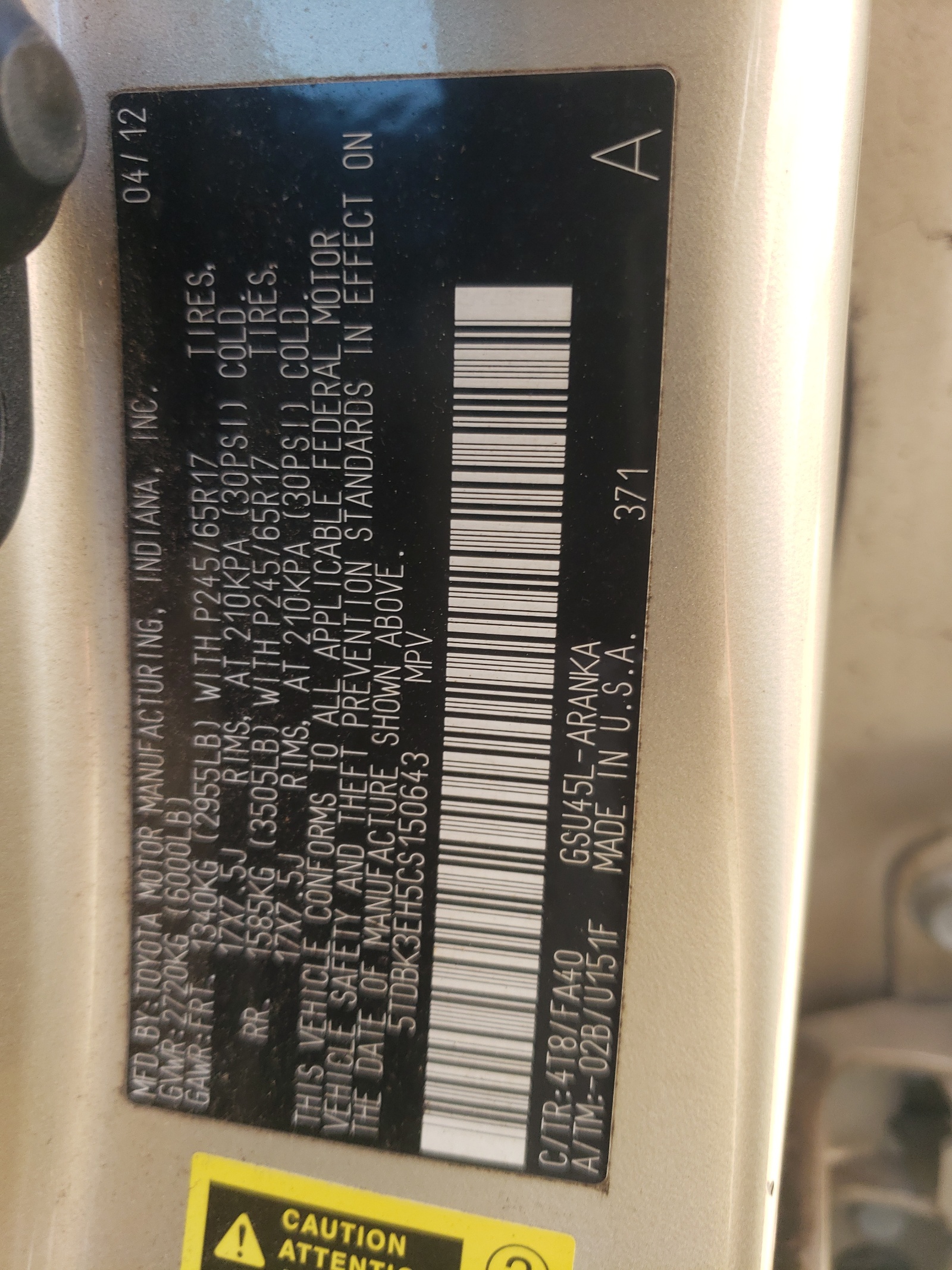 5TDBK3EH5CS150643 2012 Toyota Highlander Base