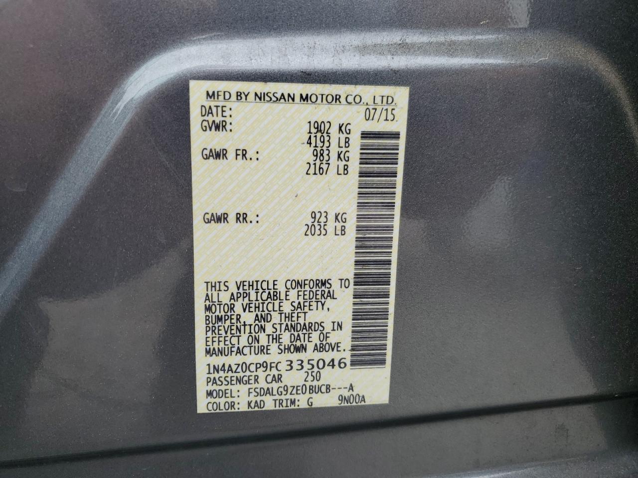 1N4AZ0CP9FC335046 2015 Nissan Leaf S