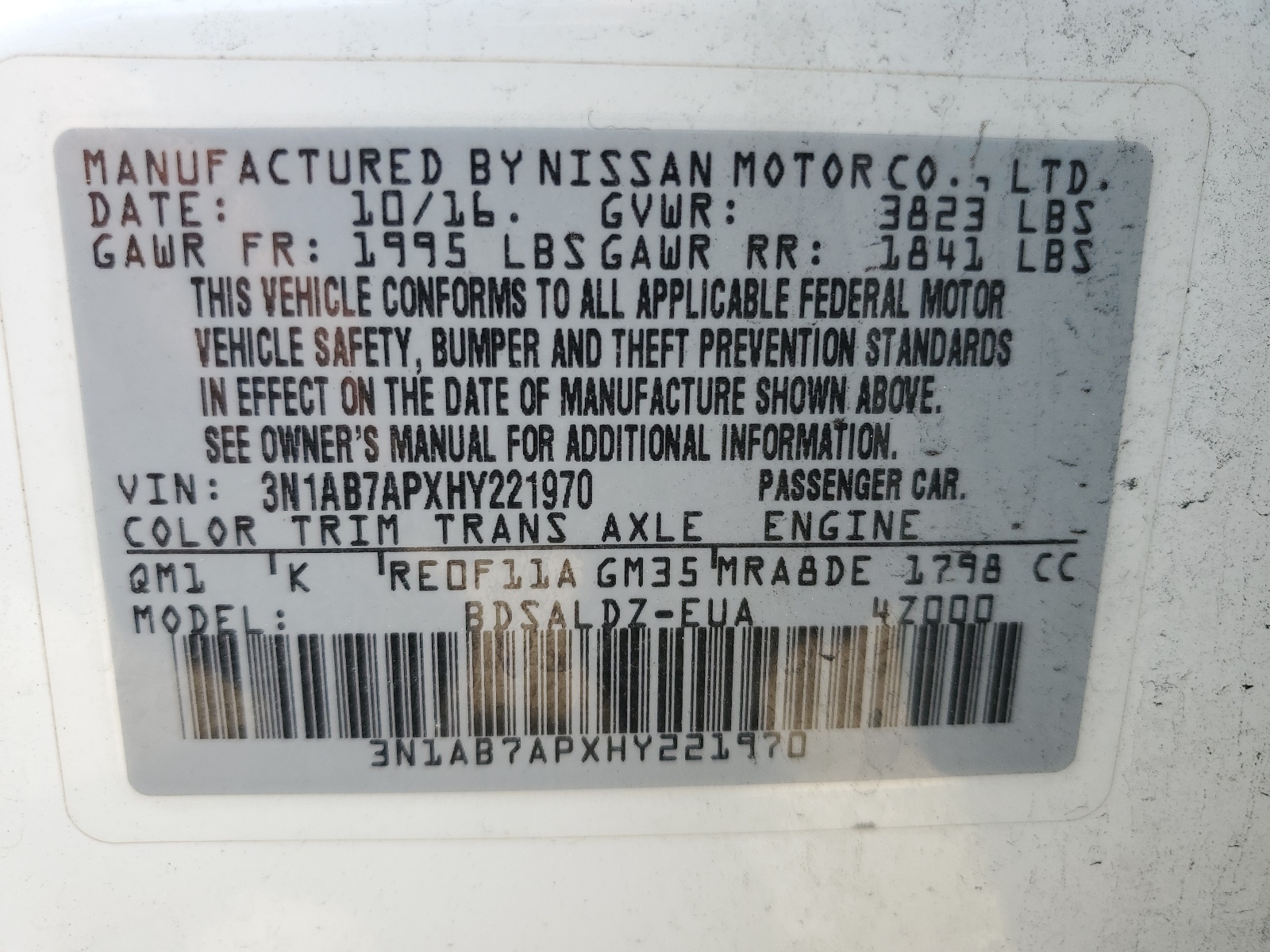 3N1AB7APXHY221970 2017 Nissan Sentra S