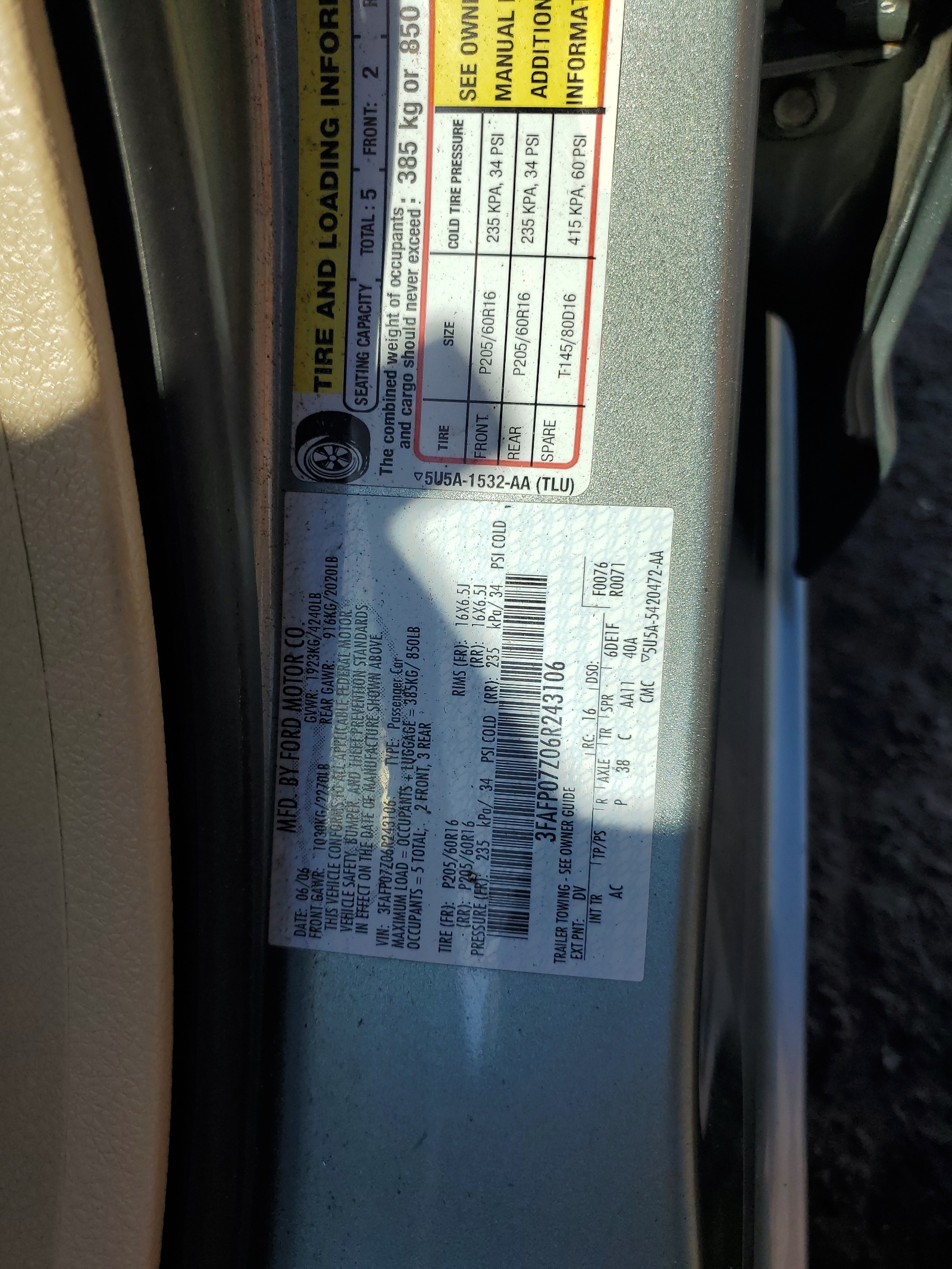 3FAFP07Z06R243106 2006 Ford Fusion Se