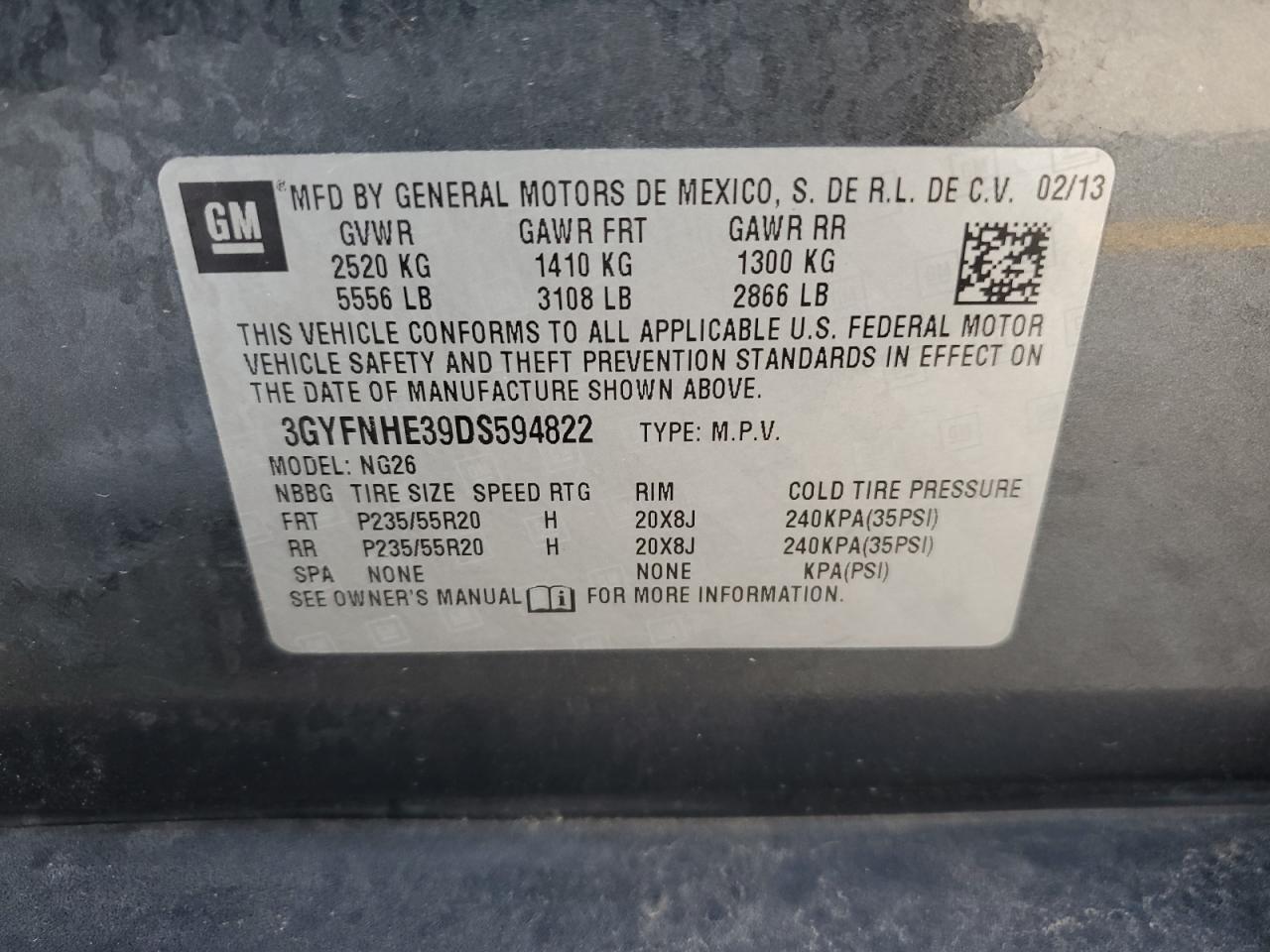 2013 Cadillac Srx Performance Collection VIN: 3GYFNHE39DS594822 Lot: 56953064