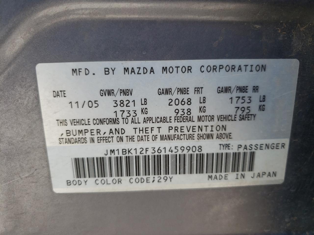 JM1BK12F361459908 2006 Mazda 3 I