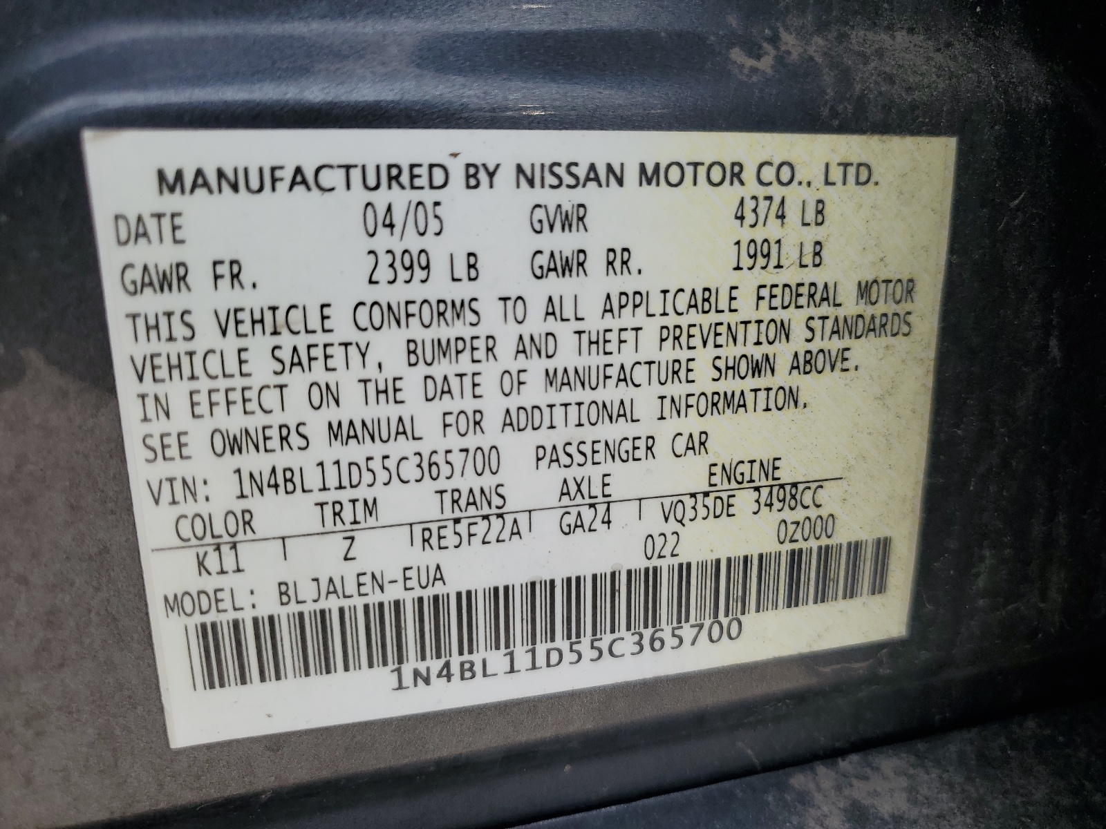 1N4BL11D55C365700 2005 Nissan Altima Se