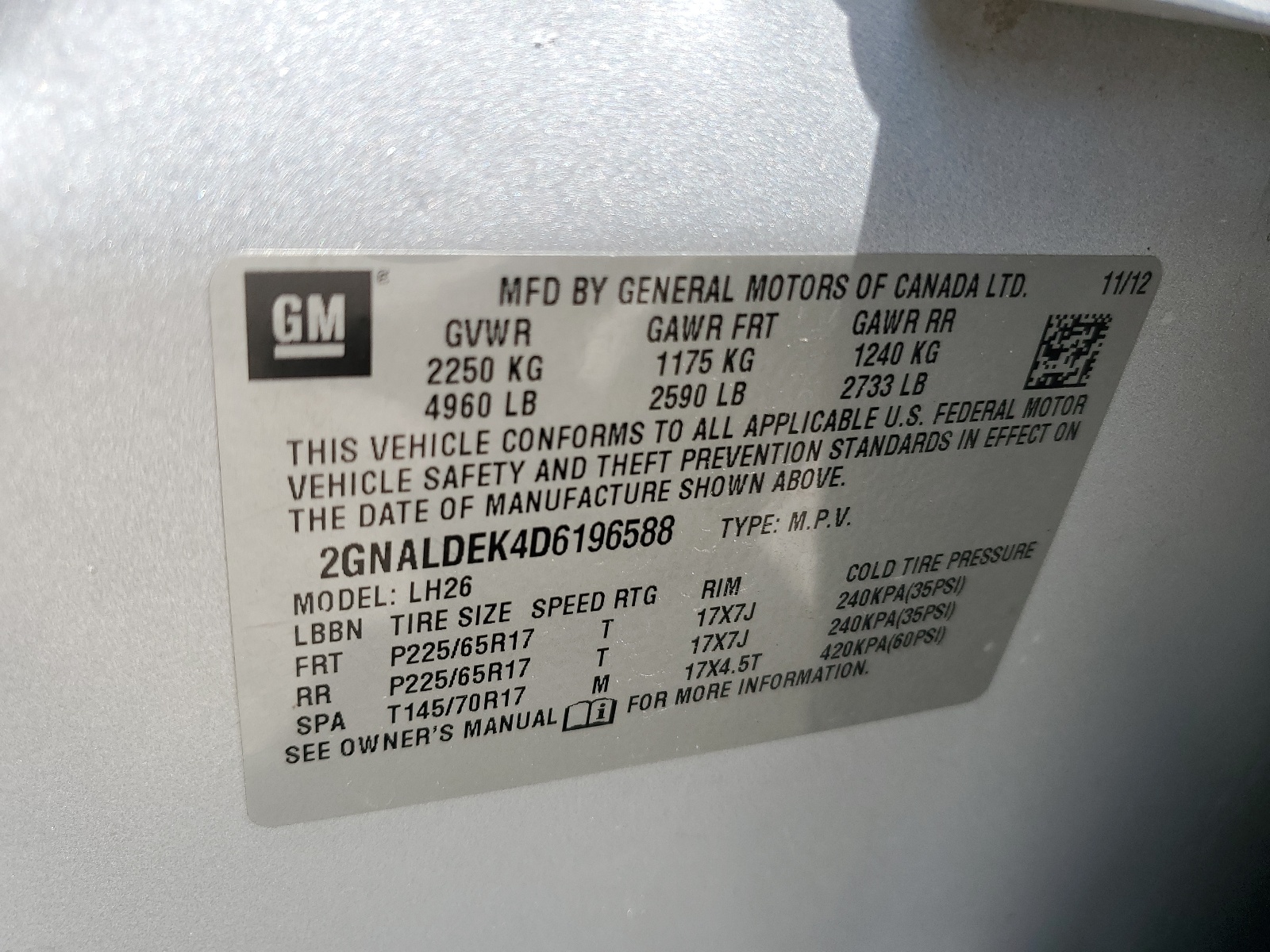 2GNALDEK4D6196588 2013 Chevrolet Equinox Lt