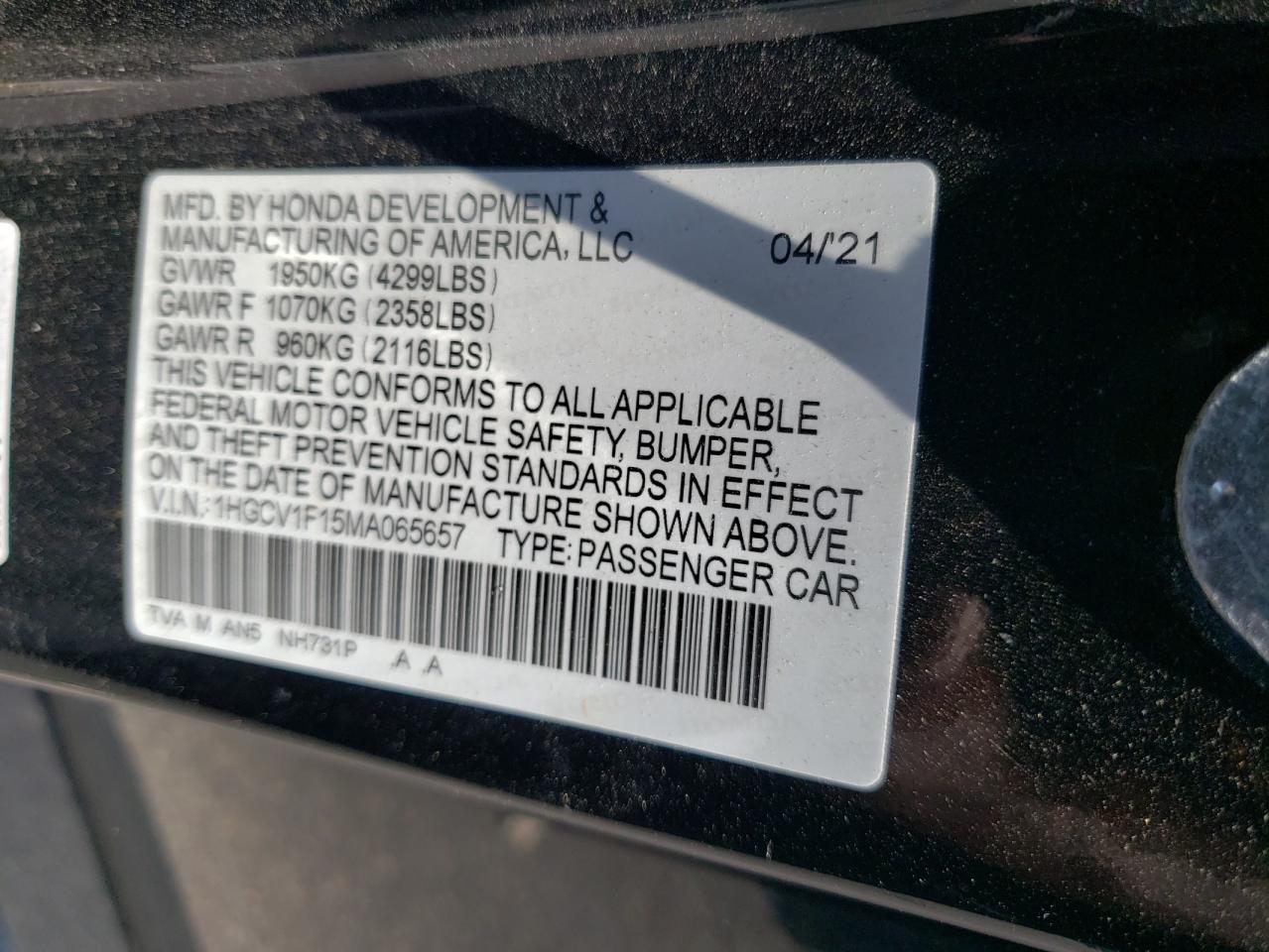 2021 Honda Accord Lx VIN: 1HGCV1F15MA065657 Lot: 54522294