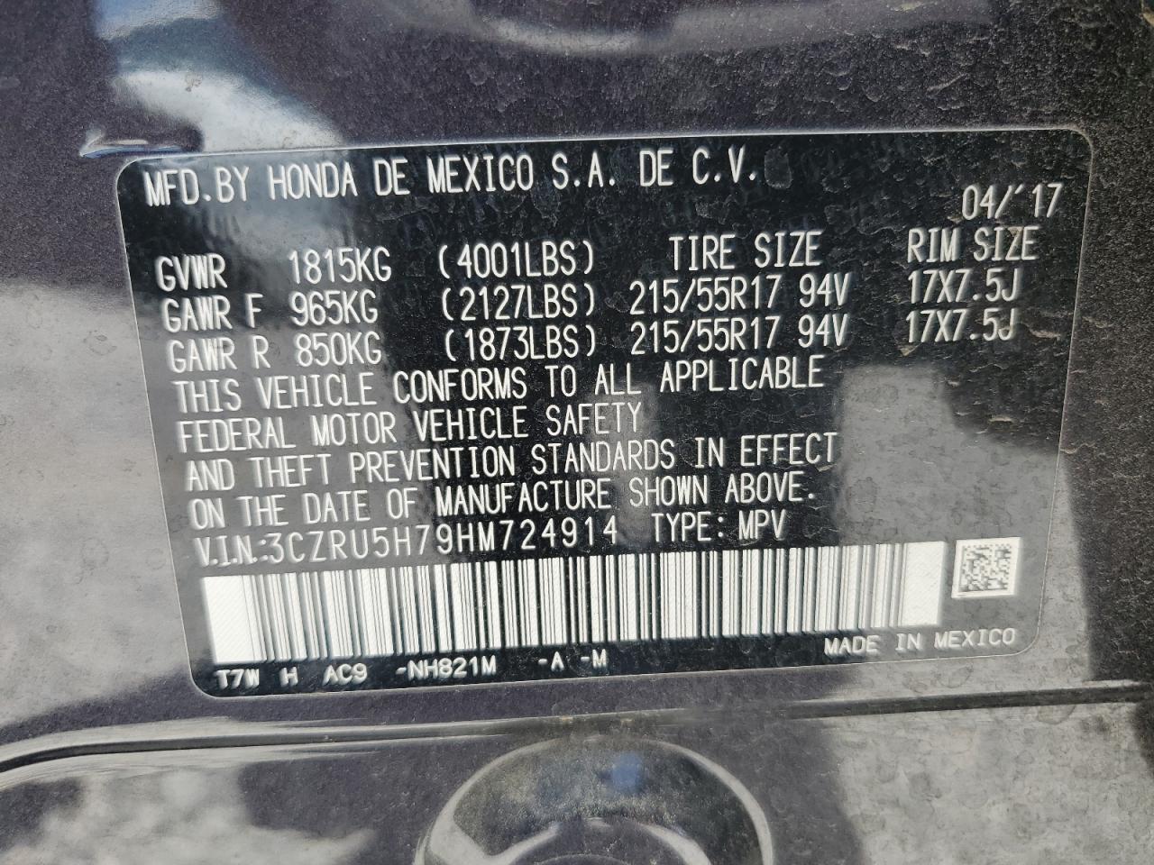 2017 Honda Hr-V Exl VIN: 3CZRU5H79HM724914 Lot: 58922454