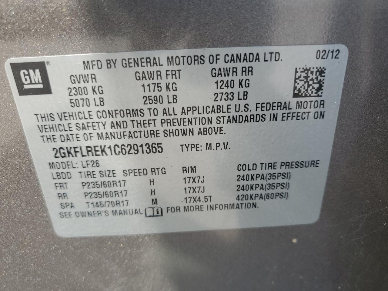 2012 GMC Terrain Sle VIN: 2GKFLREK1C6291365 Lot: 59600374