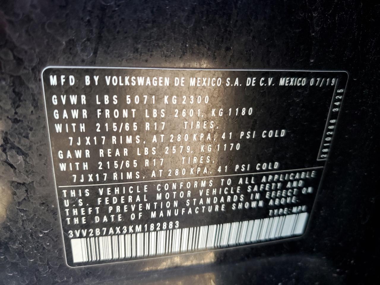 3VV2B7AX3KM182883 2019 Volkswagen Tiguan Se